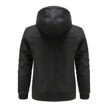Men's black hooded leather jacket with quilted biker style detailing, featuring a grey t-shirt underneath, visible sleeves, and a collar design.
