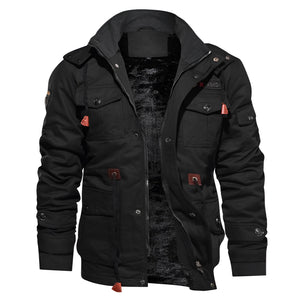 Men's black hooded military cargo jacket in 4XL, featuring a button-up front, long sleeves, and multiple pockets, designed for warmth and insulation during winter.