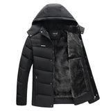 Men's black hooded parka jacket in 4XL size, featuring an insulated, water-resistant design with a sleek outerwear style, complete with long sleeves and a protective collar.