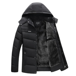 Men's black hooded parka jacket in 4XL size, featuring an insulated, water-resistant design with a sleek outerwear style, complete with long sleeves and a protective collar.