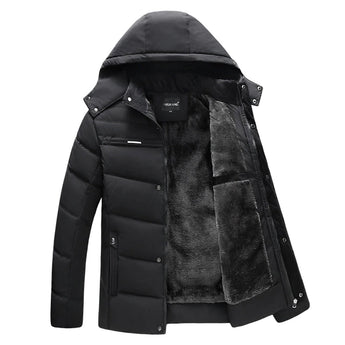 Men's black hooded parka jacket in 4XL size, featuring an insulated, water-resistant design with a sleek outerwear style, complete with long sleeves and a protective collar.