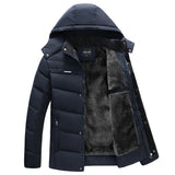 Men's dark blue hooded parka, insulated and water-resistant, featuring long sleeves, a full-length coat design, and multiple pockets for added convenience.