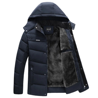 Men's dark blue hooded parka, insulated and water-resistant, featuring long sleeves, a full-length coat design, and multiple pockets for added convenience.