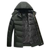 Men's light green hooded parka jacket displayed on a hanger, featuring a water-resistant outer layer and insulated lining, designed with long sleeves and a high collar for enhanced protection against winter weather.
