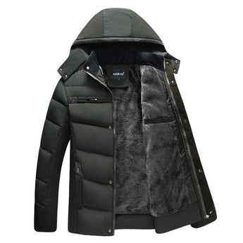 Men's light green hooded parka jacket displayed on a hanger, featuring a water-resistant outer layer and insulated lining, designed with long sleeves and a high collar for enhanced protection against winter weather.