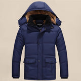 Men's marine blue XL hooded puffer jacket designed for winter, featuring waterproof and insulated material, with a prominent hood, full sleeves, and a high collar.