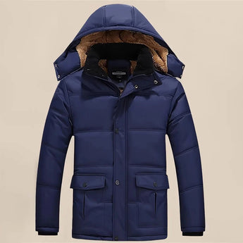 Men's marine blue XL hooded puffer jacket designed for winter, featuring waterproof and insulated material, with a prominent hood, full sleeves, and a high collar.