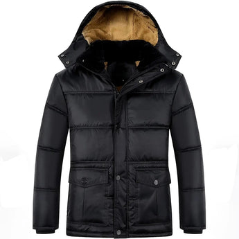 Men's black hooded puffer jacket with a waterproof and insulated design, featuring long sleeves and a high collar for added warmth, suitable for winter wear.