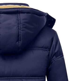 Men's black hooded puffer jacket, waterproof and insulated, featuring long sleeves, a comfortable fit, and a high collar designed for winter wear.