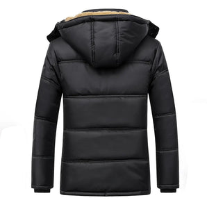 Men's black hooded puffer jacket with a waterproof and insulated design, featuring a high neck collar, long sleeves, and multiple pockets.