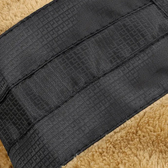Men's black hooded puffer jacket featuring a waterproof and insulated design, with a prominent collar and cozy sleeves, perfect for winter wear; the jacket includes pockets and displays a stylish, symmetrical pattern.