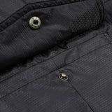Men's black hooded puffer jacket with insulated padding, featuring long sleeves and a high collar, designed for waterproof protection in winter conditions.
