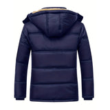 Men's black hooded puffer jacket featuring a waterproof and insulated design with a high collar, full-length sleeves, and front pockets.