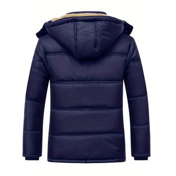 Men's black hooded puffer jacket featuring a waterproof and insulated design with a high collar, full-length sleeves, and front pockets.