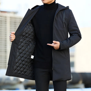 Men's black hooded quilted lightweight winter jacket in size 4XL, featuring a sleek design with emphasis on the collar and sleeves.
