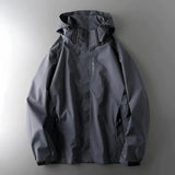 Men's gray hooded waterproof jacket featuring a stylish collar and long sleeves, designed for lightweight windproof protection against rain.
