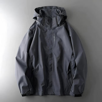 Men's gray hooded waterproof jacket featuring a stylish collar and long sleeves, designed for lightweight windproof protection against rain.