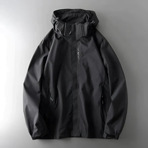 Men's black hooded waterproof jacket in size 5XL, featuring a lightweight and windproof design, shown with long sleeves and a collar.
