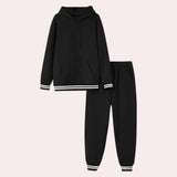 Men's black hoodie and joggers set in 2XL size featuring a sleek and stylish design, made from fleece material, showcasing streetwear fashion with a comfortable fit.