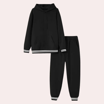 Men's black hoodie and joggers set in 2XL size featuring a sleek and stylish design, made from fleece material, showcasing streetwear fashion with a comfortable fit.