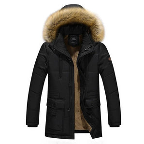 Men's black insulated winter parka with a fur-lined hood, featuring waterproof and thermal properties, designed in a 3XL size.