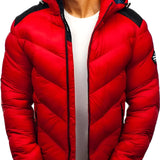 
A man wearing a black insulated hooded puffer jacket, which is water-resistant, with the hood up and the sleeves visible. The jacket covers the neck and has a prominent collar.