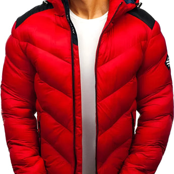 
A man wearing a black insulated hooded puffer jacket, which is water-resistant, with the hood up and the sleeves visible. The jacket covers the neck and has a prominent collar.