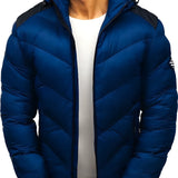 Blue 3XL men's insulated hooded puffer jacket with water-resistant fabric, featuring a sleek design and a front zipper closure, long sleeves, and a cozy collar for added warmth.