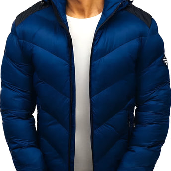 Blue 3XL men's insulated hooded puffer jacket with water-resistant fabric, featuring a sleek design and a front zipper closure, long sleeves, and a cozy collar for added warmth.