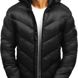 Men's black insulated hooded puffer jacket with water-resistant fabric, featuring a sleek design with a collar, long sleeves, and a comfortable fit in size 3XL.