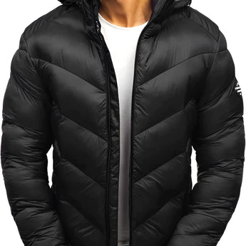 Men's black insulated hooded puffer jacket with water-resistant fabric, featuring a sleek design with a collar, long sleeves, and a comfortable fit in size 3XL.