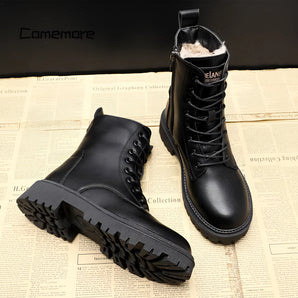 Men's black insulated leather combat boots, waterproof and fur-lined, featuring durable construction and a rugged sole suitable for work and outdoor activities.