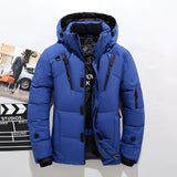 Men's electric blue insulated parka with waterproof material, featuring multiple pockets and long sleeves, designed for skiing; available in size 5XL.