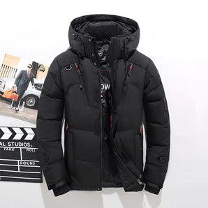 Men's black insulated parka with multiple pockets, featuring long sleeves and a high collar, designed as a waterproof ski jacket in 5XL size.