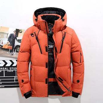 Men's Orange Insulated Parka Jacket with multiple pockets, featuring a high collar, long sleeves, and waterproof material in size 5XL.