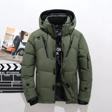 Men's green insulated parka in size 5XL with a waterproof design, featuring multiple pockets, long sleeves, and a high collar for added protection against the elements, suitable for skiing or cold weather activities.