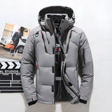 Men's gray insulated parka, 5XL, featuring a multi-pocket design, waterproof material, long sleeves, and a high collar, suitable for skiing and outdoor sports.