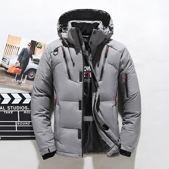 Men's gray insulated parka, 5XL, featuring a multi-pocket design, waterproof material, long sleeves, and a high collar, suitable for skiing and outdoor sports.