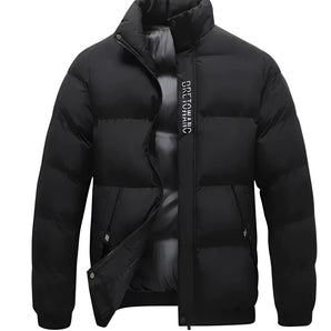 Men's black insulated urban puffer jacket with a high thermal collar, featuring long sleeves and a waist-length design. The jacket appears to have a sleek, modern look with attention to warmth and style.
