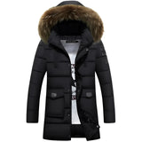 Men's black insulated waterproof parka with fur hood, featuring long sleeves, a high collar, and natural fur material around the hood, size 4XL.