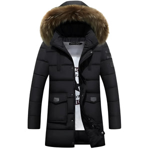 Men's black insulated waterproof parka with fur hood, featuring long sleeves, a high collar, and natural fur material around the hood, size 4XL.