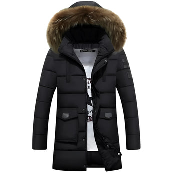 Men's black insulated waterproof parka with fur hood, featuring long sleeves, a high collar, and natural fur material around the hood, size 4XL.