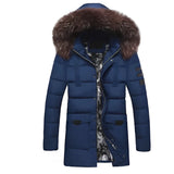 Men's marine blue insulated waterproof parka with a fur-lined hood, featuring long sleeves and a full-length design.