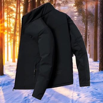 Men's black insulated waterproof winter jacket with long sleeves, designed for thermal protection in snowy and freezing conditions, displayed outdoors with trees in the background.