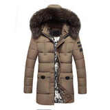 Men's brown insulated waterproof parka with a fur hood and long sleeves, designed for warmth and style in cold weather conditions.