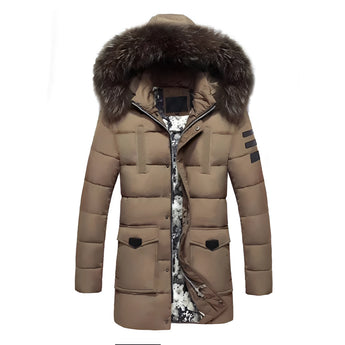 Men's brown insulated waterproof parka with a fur hood and long sleeves, designed for warmth and style in cold weather conditions.