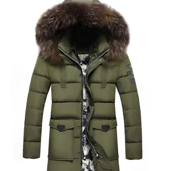 Men's green insulated waterproof parka with a fur-trimmed hood, featuring long sleeves and a high collar, available in size 4XL.