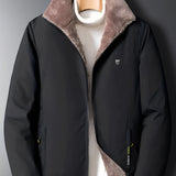 Men's black insulated waterproof thermal winter jacket with a high collar and full-length sleeves.