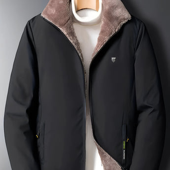 Men's black insulated waterproof thermal winter jacket with a high collar and full-length sleeves.