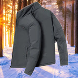 Men's black insulated waterproof thermal winter jacket with a high collar and long sleeves, designed for cold and snowy conditions.